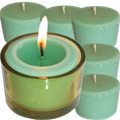 6 Smaragd-Kerzen mit einem Glas, 1 Glas-Untersatz und 1 Kerzenschere