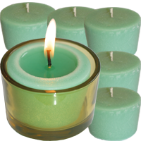 6 Smaragd-Kerzen mit einem Glas